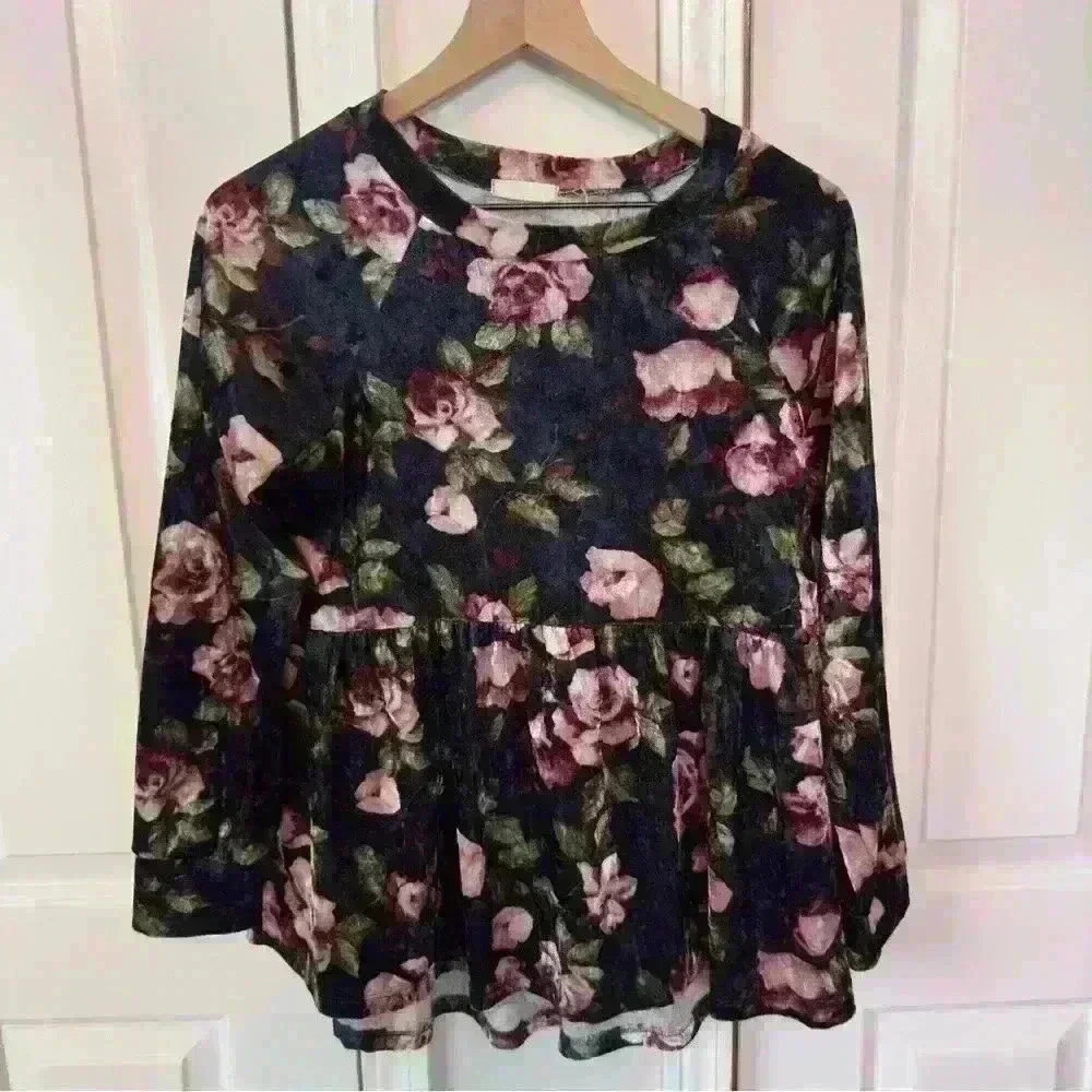 Oddy Women’s Velvet Floral Babydoll Oversized Fit Style Long Sleeve Size Small